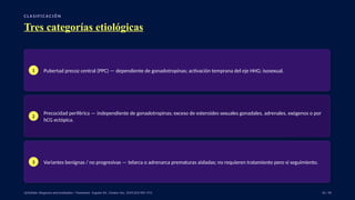 C L A S I F I C A C I Ó N
Tres categorías etiológicas
1 Pubertad precoz central (PPC) — dependiente de gonadotropinas; activación temprana del eje HHG; isosexual.
2
Precocidad periférica — independiente de gonadotropinas; exceso de esteroides sexuales gonadales, adrenales, exógenos o por
hCG ectópica.
3 Variantes benignas / no progresivas — telarca o adrenarca prematuras aisladas; no requieren tratamiento pero sí seguimiento.
UpToDate: Diagnosis and evaluation / Treatment · Eugster EA, J Endocr Soc. 2019;3(5):965–972. 10 / 40
 
