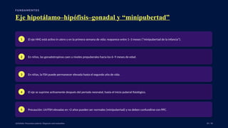 F U N DA M E N TO S
Eje hipotálamo–hipófisis–gonadal y “minipubertad”
1 El eje HHG está activo in utero y en la primera semana de vida; reaparece entre 1–3 meses (“minipubertad de la infancia”).
2 En niños, las gonadotropinas caen a niveles prepuberales hacia los 6–9 meses de edad.
3 En niñas, la FSH puede permanecer elevada hasta el segundo año de vida.
4 El eje se suprime activamente después del periodo neonatal, hasta el inicio puberal fisiológico.
5 Precaución: LH/FSH elevadas en <2 años pueden ser normales (minipubertad) y no deben confundirse con PPC.
UpToDate: Precocious puberty: Diagnosis and evaluation. 05 / 40
 