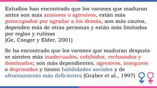 Estudios han encontrado que los varones que maduran
antes son más ansiosos o agresivos, están más
preocupados por agradar a los demás, son más cautos,
dependen más de otras personas y están más limitados
por reglas y rutinas
(Ge, Conger y Elder, 2001)
Se ha encontrado que los varones que maduran después
se sienten más inadecuados, cohibidos, rechazados y
dominados; son más dependientes, agresivos, inseguros
o deprimidos y tienen habilidades sociales y de
afrontamiento más deficientes (Graber et al., 1997)
 