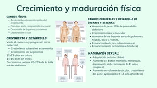 Crecimiento y maduración física
Aceleración o desaceleración del
crecimiento
Cambios en la composición corporal
Desarrollo de órganos y sistemas
Maduración sexual
Cambios físicos:
Crecimiento puberal no es armónico
Crecimiento por segmentos
Crecimiento y desarrollo:
Varía el comienzo y progresión de la
pubertad
12-13 años en chicas
14-15 años en chicos
Crecimiento puberal 20-25% de la talla
adulta definitiva
Aumento de peso; 50% de peso adulto
definitivo
Crecimiento óseo y muscular
Aumento de los órganos corazón, pulmones,
hígado, bazo y riñones.
Ensanchamiento de cadera (mujeres)
Ensanchamiento de hombros (hombres)
Cambios corporales y desarrollo de
órganos y sistemas:
Adquisición de la fertilidad
Aumento del botón mamario, menarquia,
disminución del crecimiento 8-13 años
(mujeres)
Aumento de volumen testicular, crecimiento
del pene, eyaculación 9-14 años (hombres)
Maduración sexual:
 