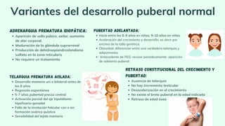 Variantes del desarrollo puberal normal
Aparición de vello púbico, axilar, aumento
de olor corporal.
Maduración de la glándula suprarrenal
Producción de dehidroepiandrostendiona
sulfato en la zona reticularis
No requiere un tratamiento
Adrenarquia prematura idiopática:
Desarrollo mamario uni o bilateral antes de
los 8 años
Regresión espontánea
5-7 años pubertad precoz central
Activación parcial del eje hipotálamo-
hipofisario-gonadal
Fallo de la involución folicular con o sin
formación ovárica quística
Sensibilidad del tejido mamario
Telarquia prematura aislada:
Inicia entre los 8-9 años en niñas; 9-10 años en niños
Aceleración del crecimiento y desarrollo, es decir por
encima de la talla genética.
Obesidad: diferenciar entre una verdadera telarquia y
adipomastia.
Antecedente de PEG: revisar periódicamente aparición
de adelanto puberal.
PUBERTAD ADELANTADA:
Ausencia de telarquia
No hay iincremento testicular
Desacelerización en el crecimiento
No existe el brote puberal en la edad indicada
Retraso de edad ósea
Retraso constitucional del crecimiento y
pubertad:
 