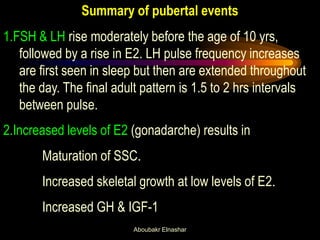 Summary of pubertal events 1.FSH & LH rise moderately before the age of 10 yrs, followed by a rise in E2. LH pulse frequency increases are first seen in sleep but then are extended throughout the day. The final adult pattern is 1.5 to 2 hrs intervals between pulse. 2.Increased levels of E2 (gonadarche) results in Maturation of SSC. Increased skeletal growth at low levels of E2. Increased GH & IGF-1 
Aboubakr Elnashar  