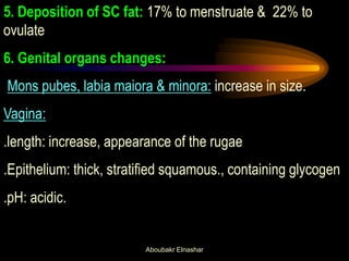 5. Deposition of SC fat: 17% to menstruate & 22% to ovulate 6. Genital organs changes: Mons pubes, labia maiora & minora: increase in size. Vagina: .length: increase, appearance of the rugae .Epithelium: thick, stratified squamous., containing glycogen .pH: acidic. 
Aboubakr Elnashar  