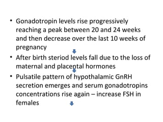 • Gonadotropin levels rise progressively 
reaching a peak between 20 and 24 weeks 
and then decrease over the last 10 weeks of 
pregnancy 
• After birth steriod levels fall due to the loss of 
maternal and placental hormones 
• Pulsatile pattern of hypothalamic GnRH 
secretion emerges and serum gonadotropins 
concentrations rise again – increase FSH in 
females 
 