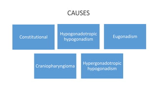 CAUSES
Hypergonadotropic
hypogonadism
Hypogonadotropic
hypogonadism
Eugonadism
Craniopharyngioma
Constitutional
 