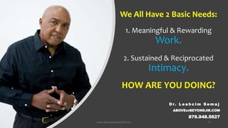 We All Have 2 Basic Needs:
1. Meaningful & Rewarding
Work.
2. Sustained & Reciprocated
Intimacy.
HOW ARE YOU DOING?
D r. L e a h c i m S e m a j
ABOVEorBEYONDJM.COM
876.948.5627
www.AboveorBeyondJM.com 12
 