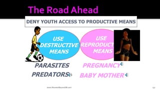 www.AboveorBeyondJM.com 132
DENY YOUTH ACCESS TO PRODUCTIVE MEANS
USE
REPRODUCTIVE
MEANS
USE
DESTRUCTIVE
MEANS
PREGNANCY
BABY MOTHER
PARASITES
PREDATORS
 