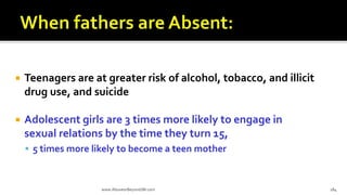  Teenagers are at greater risk of alcohol, tobacco, and illicit
drug use, and suicide
 Adolescent girls are 3 times more likely to engage in
sexual relations by the time they turn 15,
 5 times more likely to become a teen mother
www.AboveorBeyondJM.com 184
 