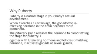 Why Puberty
Puberty is a normal stage in your body’s natural
development.
When it reaches a certain age, the gonadotropin-
releasing hormone in the brain becomes more
prominent.
The pituitary gland releases the hormone to blood setting
the stage for puberty. T
ogether with luteinizing hormone and follicle-stimulating
hormone, it activates gonads or sexual glands.
WWW.ABOVEORBEYONDJM.COM 22
 