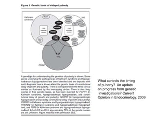 What controls the timing
of puberty? An update
on progress from genetic
investigations? Current
Opinion in Endocrinology. 2009
 