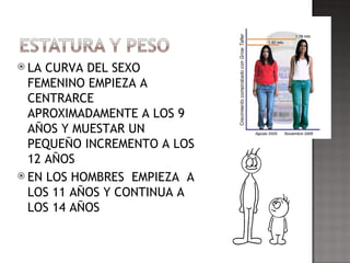 LA CURVA DEL SEXO FEMENINO EMPIEZA A CENTRARCE APROXIMADAMENTE A LOS 9 AÑOS Y MUESTAR UN PEQUEÑO INCREMENTO A LOS 12 AÑOS EN LOS HOMBRES  EMPIEZA  A LOS 11 AÑOS Y CONTINUA A LOS 14 AÑOS 