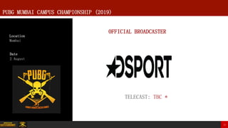 15
PUBG MUMBAI CAMPUS CHAMPIONSHIP (2019)
OFFICIAL BROADCASTER
TELECAST: TBC *
Location
Mumbai
Date
2 August
 