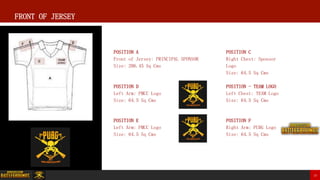 19
FRONT OF JERSEY
POSITION C
Right Chest: Sponsor
Logo
Size: 64.5 Sq Cms
POSITION A
Front of Jersey: PRINCIPAL SPONSOR
Size: 206.45 Sq Cms
POSITION D
Left Arm: PMCC Logo
Size: 64.5 Sq Cms
POSITION - TEAM LOGO
Left Chest: TEAM Logo
Size: 64.5 Sq Cms
POSITION E
Left Arm: PMCC Logo
Size: 64.5 Sq Cms
POSITION F
Right Arm: PUBG Logo
Size: 64.5 Sq Cms
 