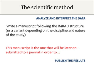The scientific method
ANALYZE AND INTERPRET THE DATA
Write a manuscript following the IMRAD structure
(or a variant depend...