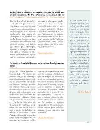 “(…) os estudos sobre a
violência escolar efe-
tuados nos EUA indi-
cam que, de uma forma
geral, a maioria dos
agressores e das vítimas
é do sexo masculino e
que as raparigas e os
rapazes manifestam o
seu comportamento de
forma diferente. As
raparigas expressam o
seu comportamento
agressivo através da
agressão indireta, deno-
minada manipulação
social, e da agressão
verbal. Por sua vez, os
rapazes tendem a apre-
sentar um comporta-
mento violento anti-
social que se expressa,
sobretudo, pela agres-
são física”.
Velez, 2010: 55
32
Tese de Mestrado de Maria Fer-
nanda Velez: “A presente inves-
tigação tem como objetivo geral
conhecer as representações que
os alunos do 8º e 10º anos de
escolaridade têm acerca da
indisciplina e da violência na
escola. Foram formuladas doze
questões de estudo com o pro-
pósito de analisar a distribuição
dos alunos pela vitimização,
agressão e disrupção escolar,
bem como a existência de dife-
renças estatisticamente signifi-
cativas nos itens da vitimização,
agressão e disrupção escolar
entre alunos de anos de escola-
ridade diferentes (8º e 10º ano)
e cursos diferentes (Cursos
Científico-Humanísticos e Cur-
sos Profissionais). Os sujeitos
da amostra foram alunos do 8º
e 10º anos de escolaridade que
frequentavam uma escola
secundária do distrito de Setú-
bal, num total de 196”.
Disponível on-line»
Indisciplina e violência na escola: factores de risco: um
estudo com alunos do 8º e 10º anos de escolaridade (2010)
As implicações do bullying na auto-estima de adolescentes
(2010)
Artigo de Cláudia Bandeira e
Claudio Hutz: “O objetivo do
presente estudo foi investigar
possíveis diferenças na autoesti-
ma de adolescentes envolvidos
em bullying, enquanto agresso-
res, vítimas, vítimas/agressores
ou testemunhas, por sexo. Parti-
ciparam 465 adolescentes, sen-
do 52,7% do sexo masculino. Os
instrumentos utilizados foram
um questionário sobre bullying
e a Escala de Autoestima de
Rosenberg. Os resultados apon-
taram para uma interação entre
sexo e papéis de bullying em
relação à autoestima. Testes
Post Hoc demonstraram que, no
grupo de vítimas/agressores, os
meninos apresentaram média
superior de autoestima em rela-
ção às meninas. Verificou-se
que, em relação aos meninos, o
grupo de testemunhas apresen-
tou maior média de autoestima
que o grupo de vítimas. Em rela-
ção às meninas, o grupo de
agressoras apresentou média
mais alta que o grupo de víti-
mas/agressoras. Concluiu-se
que o bullying apresenta dife-
rentes implicações na autoesti-
ma de meninas e meninos
envolvidos em diferentes papéis.
Novos estudos para esclarecer
algumas dessas questões são
propostos”.
Disponível on-line»
 