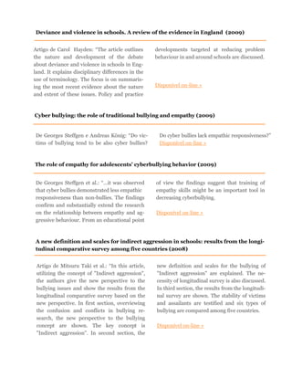 Artigo de Carol Hayden: “The article outlines
the nature and development of the debate
about deviance and violence in schools in Eng-
land. It explains disciplinary differences in the
use of terminology. The focus is on summaris-
ing the most recent evidence about the nature
and extent of these issues. Policy and practice
developments targeted at reducing problem
behaviour in and around schools are discussed.
Disponível on-line »
Deviance and violence in schools. A review of the evidence in England (2009)
Cyber bullying: the role of traditional bullying and empathy (2009)
De Georges Steffgen e Andreas König: “Do vic-
tims of bullying tend to be also cyber bullies?
Do cyber bullies lack empathic responsiveness?”
Disponível on-line »
The role of empathy for adolescents’ cyberbullying behavior (2009)
De Georges Steffgen et al.: “...it was observed
that cyber bullies demonstrated less empathic
responsiveness than non-bullies. The findings
confirm and substantially extend the research
on the relationship between empathy and ag-
gressive behaviour. From an educational point
of view the findings suggest that training of
empathy skills might be an important tool in
decreasing cyberbullying.
Disponível on-line »
A new definition and scales for indirect aggression in schools: results from the longi-
tudinal comparative survey among five countries (2008)
Artigo de Mitsuru Taki et al.: “In this article,
utilizing the concept of "Indirect aggression",
the authors give the new perspective to the
bullying issues and show the results from the
longitudinal comparative survey based on the
new perspective. In first section, overviewing
the confusion and conflicts in bullying re-
search, the new perspective to the bullying
concept are shown. The key concept is
"Indirect aggression". In second section, the
new definition and scales for the bullying of
"Indirect aggression" are explained. The ne-
cessity of longitudinal survey is also discussed.
In third section, the results from the longitudi-
nal survey are shown. The stability of victims
and assailants are testified and six types of
bullying are compared among five countries.
Disponível on-line »
 