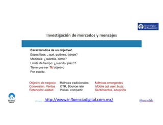 http://www.influenciadigital.com.mx/
Investigación	de	mercados	y	mensajes
Objetivo de negocio Métricas tradicionales Métricas emergentes
Conversión, Ventas CTR, Bounce rate Mobile opt user, buzz
Retención,Lealtad Visitas, compartir Sentimientos, adopción
Característica de un objetivo:
Específicos: ¿qué, quiénes, dónde?
Medibles: ¿cuántos, cómo?
Límite de tiempo: ¿cuándo, plazo?
Tiene que ser TU objetivo
Por escrito.
M3 web 2.0
 