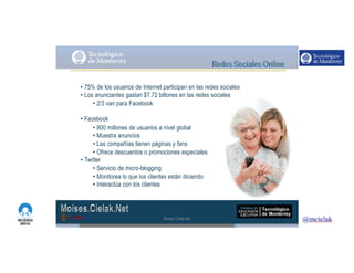 http://www.influenciadigital.com.mx/
• 75% de los usuarios de Internet participan en las redes sociales
• Los anunciantes gastan $7.72 billones en las redes sociales
• 2/3 van para Facebook
• Facebook
• 800 millones de usuarios a nivel global
• Muestra anuncios
• Las compañías tienen páginas y fans
• Ofrece descuentos o promociones especiales
• Twitter
• Servicio de micro-blogging
• Monitorea lo que los clientes están diciendo
• Interactúa con los clientes
Moises.Cielak.Net
 