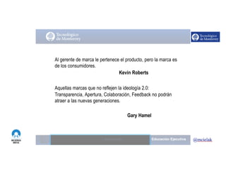 http://www.influenciadigital.com.mx/
Al gerente de marca le pertenece el producto, pero la marca es
de los consumidores.
Kevin Roberts
Aquellas marcas que no reflejen la ideología 2.0:
Transparencia, Apertura, Colaboración, Feedback no podrán
atraer a las nuevas generaciones.
Gary Hamel
Moises.Cielak.Net
 