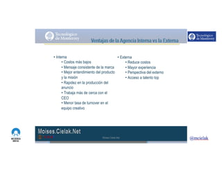 http://www.influenciadigital.com.mx/
• Interna
• Costos más bajos
• Mensaje consistente de la marca
• Mejor entendimiento del producto
y la misión
• Rapidez en la producción del
anuncio
• Trabaja más de cerca con el
CEO
• Menor tasa de turnover en el
equipo creativo
• Externa
• Reduce costos
• Mayor experiencia
• Perspectiva del externo
• Acceso a talento top
Moises.Cielak.Net
 