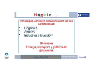 http://www.influenciadigital.com.mx/Moises.Cielak.Net
H á g a l e ….
Por equipos, construye ejecuciones para las tres
carácterísticas:
•
•
•
Cognitiva,
Afectivo
Inductiva a la acción
30 minutos
Entrega powerpoint y gráficos de
ejecuciones.
Moises.Cielak.Net
 