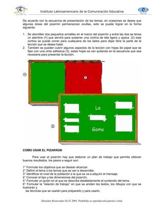 Instituto Latinoamericano de la Comunicación Educativa
Derechos Reservados ILCE 2005. Prohibida su reproducción parcial o total.
De acuerdo con la secuencia de presentación de los temas, en ocasiones se desea que
algunas áreas del pizarrón permanezcan ocultas, esto se puede lograr en la forma
siguiente:
1. Se atornillan dos pequeños armellas en el marco del pizarrón y entre las dos se tensa
un alambre (1) que servirá para sostener una cortina de tela ligera y opaca. (2) esta
cortina se puede correr para cualquiera de los lados para dejar libre la parte de la
lección que se desea tratar.
2. También se pueden cubrir algunos aspectos de la lección con hojas de papel que se
fijan con una cinta adhesiva (3), estas hojas se van quitando en la secuencia que sea
necesaria para presentar la lección.
COMO USAR EL PIZARRON
Para usar el pizarrón hay que elaborar un plan de trabajo que permita obtener
buenos resultados, los pasos a seguir son:
1° Formular los objetivos que se desean alcanzar.
2° Definir el tema o los temas que se van a desarrollar.
3° Identificar el nivel de la población a la que se va a adquirir el mensaje.
4° Conocer el tipo y las dimensiones del pizarrón.
5° Formular un guión en el que se describa detalladamente el contenido del tema.
6° Formular la “relación de trabajo” en que se anoten los textos, los dibujos con que se
ilustrarán y
las técnicas que se usarán para prepararlo y para usarlo.
 