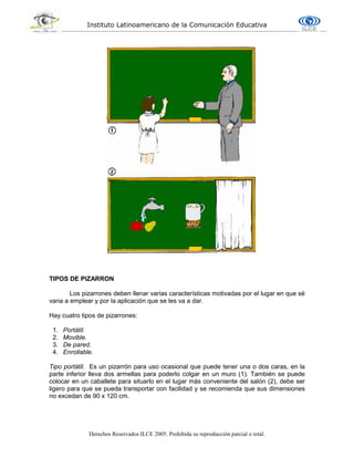 Instituto Latinoamericano de la Comunicación Educativa
Derechos Reservados ILCE 2005. Prohibida su reproducción parcial o total.
TIPOS DE PIZARRON
Los pizarrones deben llenar varias características motivadas por el lugar en que sé
vana a emplear y por la aplicación que se les va a dar.
Hay cuatro tipos de pizarrones:
1. Portátil.
2. Movible.
3. De pared.
4. Enrollable.
Tipo portátil. Es un pizarrón para uso ocasional que puede tener una o dos caras, en la
parte inferior lleva dos armellas para poderlo colgar en un muro (1). También se puede
colocar en un caballete para situarlo en el lugar más conveniente del salón (2), debe ser
ligero para que se pueda transportar con facilidad y se recomienda que sus dimensiones
no excedan de 90 x 120 cm.
 