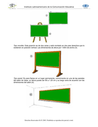 Instituto Latinoamericano de la Comunicación Educativa
Derechos Reservados ILCE 2005. Prohibida su reproducción parcial o total.
Tipo movible. Este pizarrón es de dos caras y está montado en dos pies derechos que lo
sostienen en posición vertical. Las dimensiones de altura por 1.60m de ancho (3).
Tipo pared. Es para fijarse en un lugar permanente, comúnmente en una de las paredes
del salón de clase, su altura puede ser 90 a 1.20 cm y su largo varía de acuerdo con las
dimensiones del salón (4).
 