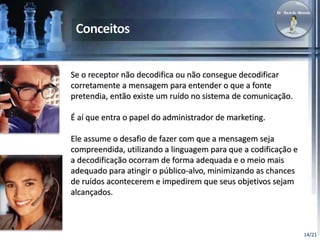 14/21 
Se o receptor não decodifica ou não consegue decodificar 
corretamente a mensagem para entender o que a fonte 
pretendia, então existe um ruído no sistema de comunicação. 
É aí que entra o papel do administrador de marketing. 
Ele assume o desafio de fazer com que a mensagem seja 
compreendida, utilizando a linguagem para que a codificação e 
a decodificação ocorram de forma adequada e o meio mais 
adequado para atingir o público-alvo, minimizando as chances 
de ruídos acontecerem e impedirem que seus objetivos sejam 
alcançados. 
 