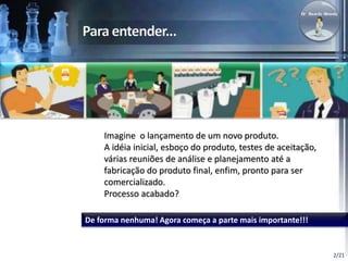 2/21 
Imagine o lançamento de um novo produto. 
A idéia inicial, esboço do produto, testes de aceitação, 
várias reuniões de análise e planejamento até a 
fabricação do produto final, enfim, pronto para ser 
comercializado. 
Processo acabado? 
De forma nenhuma! Agora começa a parte mais importante!!! 
 