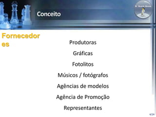 4/24 
Fornecedor 
es Produtoras 
Gráficas 
Fotolitos 
Músicos / fotógrafos 
Agências de modelos 
Agência de Promoção 
Representantes 
 