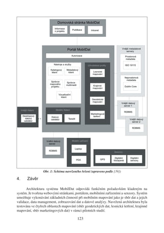 Obr. 1: Schéma navrženého řešení (upraveno podle [39])

4.     Závěr

      Architektura systému MobilDat odpovídá funkčním požadavkům kladeným na
systém. Je tvořena webovými stránkami, portálem, mobilními zařízeními a senzory. Systém
umožňuje vykonávání základních činností při mobilním mapování jako je sběr dat a jejich
validace, data management, zobrazování dat a datové analýzy. Navržená architektura byla
testována ve čtyřech oblastech mapování (sběr geodetických dat, lesnická šetření, krajinné
mapování, sběr marketingových dat) v rámci pilotních studií.

                                         123
 