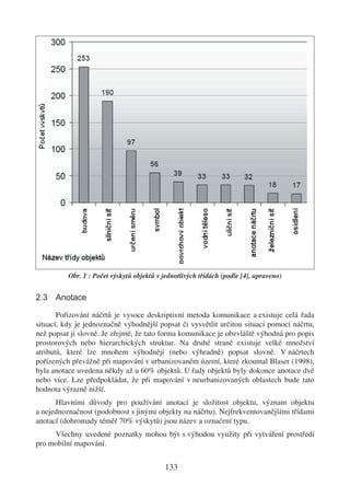 Obr. 1 : Počet výskytů objektů v jednotlivých třídách (podle [4], upraveno)


2.3 Anotace

       Pořizování náčrtů je vysoce deskriptivní metoda komunikace a existuje celá řada
situací, kdy je jednoznačně výhodnější popsat či vysvětlit určitou situaci pomocí náčrtu,
než popsat ji slovně. Je zřejmé, že tato forma komunikace je obzvláště výhodná pro popis
prostorových nebo hierarchických struktur. Na druhé straně existuje velké množství
atributů, které lze mnohem výhodněji (nebo výhradně) popsat slovně. V náčrtech
pořízených převážně při mapování v urbanizovaném území, které zkoumal Blaser (1998),
byla anotace uvedena někdy až u 60% objektů. U řady objektů byly dokonce anotace dvě
nebo více. Lze předpokládat, že při mapování v neurbanizovaných oblastech bude tato
hodnota výrazně nižší.
      Hlavními důvody pro používání anotací je složitost objektu, význam objektu
a nejednoznačnost (podobnost s jinými objekty na náčrtu). Nejfrekventovanějšími třídami
anotací (dohromady téměř 70% výskytů) jsou název a označení typu.
     Všechny uvedené poznatky mohou být s výhodou využity při vytváření prostředí
pro mobilní mapování.


                                            133
 