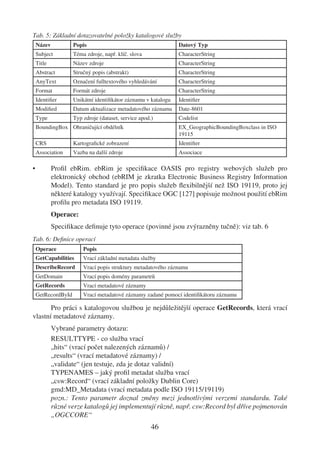 Tab. 5: Základní dotazovatelné položky katalogové služby
    Název           Popis                                      Datový Typ
    Subject         Téma zdroje, např. klíč. slova             CharacterString
    Title           Název zdroje                               CharacterString
    Abstract        Stručný popis (abstrakt)                   CharacterString
    AnyText         Označení fulltextového vyhledávání         CharacterString
    Format          Formát zdroje                              CharacterString
    Identiﬁer       Unikátní identiﬁkátor záznamu v katalogu   Identiﬁer
    Modiﬁed         Datum aktualizace metadatového záznamu     Date-8601
    Type            Typ zdroje (dataset, service apod.)        Codelist
    BoundingBox Ohraničující obdélník                          EX_GeographicBoundingBoxclass in ISO
                                                               19115
    CRS             Kartograﬁcké zobrazení                     Identiﬁer
    Association     Vazba na další zdroje                      Associace

•           Proﬁl ebRim. ebRim je speciﬁkace OASIS pro registry webových služeb pro
            elektronický obchod (ebRIM je zkratka Electronic Business Registry Information
            Model). Tento standard je pro popis služeb ﬂexibilnější než ISO 19119, proto jej
            některé katalogy využívají. Speciﬁkace OGC [127] popisuje možnost použití ebRim
            proﬁlu pro metadata ISO 19119.
            Operace:
            Speciﬁkace deﬁnuje tyto operace (povinné jsou zvýrazněny tučně): viz tab. 6
Tab. 6: Deﬁnice operací
    Operace             Popis
    GetCapabilities     Vrací základní metadata služby
    DescribeRecord      Vrací popis struktury metadatového záznamu
    GetDomain           Vrací popis domény parametrů
    GetRecords          Vrací metadatové záznamy
    GetRecordById       Vrací metadatové záznamy zadané pomocí identiﬁkátoru záznamu

       Pro práci s katalogovou službou je nejdůležitější operace GetRecords, která vrací
vlastní metadatové záznamy.
            Vybrané parametry dotazu:
            RESULTTYPE - co služba vrací
            „hits“ (vrací počet nalezených záznamů) /
            „results“ (vrací metadatové záznamy) /
            „validate“ (jen testuje, zda je dotaz validní)
            TYPENAMES – jaký proﬁl metadat služba vrací
            „csw:Record“ (vrací základní položky Dublin Core)
            gmd:MD_Metadata (vrací metadata podle ISO 19115/19119)
            pozn.: Tento parametr doznal změny mezi jednotlivými verzemi standardu. Také
            různé verze katalogů jej implementují různě, např. csw:Record byl dříve pojmenován
            „OGCCORE“
                                                      46
 