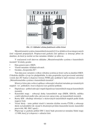 Obr. 13: Základní schéma funkčnosti celého řešení

       Metainformační systém o katastrálních územích [11] se skládá ze dvou integrovaných
částí vzájemně propojených. Propracovaná graﬁcká část aplikace se dotazuje přímo do
databáze, do které je možné on-line metadata vkládat i je editovat.
      V současnosti tvoří datovou základnu „Metainformačního systému o katastrálních
územích“ tři druhy geodat:
•     Data generovaná z ISKN.
•     Vlastní metadata vkládaná uživateli.
•     Geodata „Geoportálu ZÚ“.
      Tato data jsou variantní a velkou výhodou systému je těsná vazba na databázi ISKN.
Z hlediska dalšího vývoje lze předpokládat, že data geoportálu (nyní provizorně umístěný
vzorek dat) ZÚ budou k dispozici formou WMS jako podklad k lepší orientaci uživatele
„Metainformačního systému o katastrálních územích“.
      Klient je řešen jako webová aplikace zobrazující obsažená metadata po tematických
mapách - tzv. pohledech. Jsou k dispozici tyto graﬁcké pohledy:
•     Digitalizace - pohled udávající stupeň digitalizace katastrálních map po katastrálních
      územích.
•     Katastrální mapy - zobrazují druhy katastrálních map (DKM, KM-D), měřítka
      a další náležitosti podle toho, jak jsou tyto zpracovány, po katastrálních územích.
•     Rastry KM - obsahuje informace o skenovaných katastrálních mapách podle kladu
      mapový listů.
•     Věcné úkoly - tento pohled slouží k interním účelům resortu ČÚZK a zobrazuje
      úkoly na kalendářní rok vázané k obsaženým prvkům (katastrální území, katastrální
      pracoviště, ML SM 5 apod.).
•     Připravuje se graﬁcký pohled SM 5, který bude prezentovat metadata Státní mapy
      1:5 000, který je k dispozici v editační části.




                                          95
 