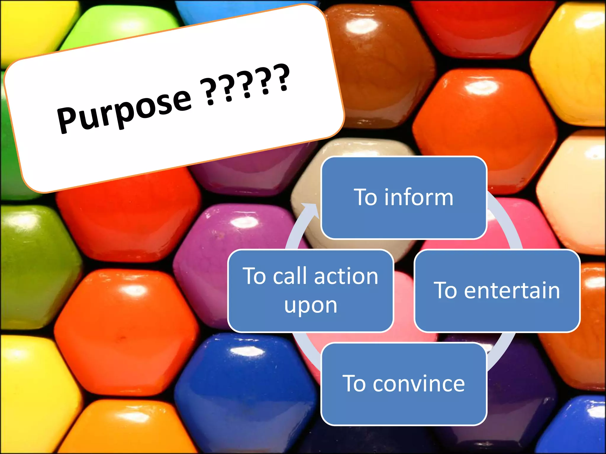 To inform
To entertain
To convince
To call action
upon
 