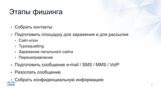 • Собрать контакты
• Подготовить площадку для заражения и для рассылки
• Сайт-клон
• Typosquatting
• Заражение легального сайта
• Перенаправление
• Подготовить сообщение e-mail / SMS / MMS / VoIP
• Разослать сообщение
• Собрать конфиденциальную информацию
Этапы фишинга
 