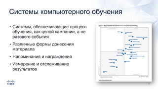 Системы компьютерного обучения
• Системы, обеспечивающие процесс
обучения, как целой кампании, а не
разового события
• Различные формы донесения
материала
• Напоминания и награждения
• Измерение и отслеживание
результатов
 