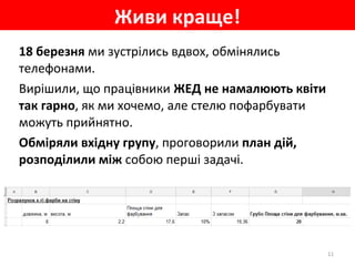 18 березня ми зустрілись вдвох, обмінялись
телефонами.
Вирішили, що працівники ЖЕД не намалюють квіти
так гарно, як ми хочемо, але стелю пофарбувати
можуть прийнятно.
Обміряли вхідну групу, проговорили план дій,
розподілили між собою перші задачі.
Живи краще!
11
 