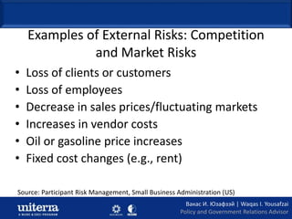 Examples of External Risks: Competition
and Market Risks
• Loss of clients or customers
• Loss of employees
• Decrease in ...