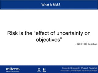 Risk 101: DefinitionsWhat is Risk?
Risk is the “effect of uncertainty on
objectives”
- ISO 31000 Definition
Вакас И. Юзафз...