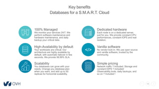 14
Key benefits
Databases for a S.M.A.R.T. Cloud
Dedicated hardware
Each node is on a dedicated server,
just for you. We provide constant CPU
performances, constant IOPS and real
isolation.
100% Managed
We monitor your services 24/7. We
perform software maintenance and
hardware maintenance, and daily
backup your critical data.
Vanilla software
No vendor lock-in. We use open source
and vanilla software, trusted by the
community.
Simple pricing
Network traffic ? Included. Storage and
constant IOPS ? Included/
Observability tools, daily backups, and
so on ? Included !
Scalability
You databases can grow with your
needs. Change you database plan
when you want, and add up to 50
replicas for horizontal scalability.
High-Availability by default
Your workloads are critical. Our
architecture are highly available by
default, with automatic failover in few
seconds. We provide 99,99% SLA.
</>
 