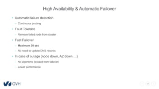 17
High Availability & Automatic Failover
• Automatic failure detection
– Continuous probing
• Fault Tolerant
– Remove failed node from cluster
• Fast Failover
– Maximum 30 sec
– No need to update DNS records
• In case of outage (node down, AZ down …)
– No downtime (except from failover)
– Lower performance
 