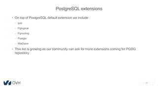 26
PostgreSQL extensions
• On top of PostgreSQL default extension we include :
– Ip4r
– Pglogical
– Pgrouting
– Postgis
– Wal2json
• This list is growing as our community can ask for more extensions coming for PGDG
repository
 