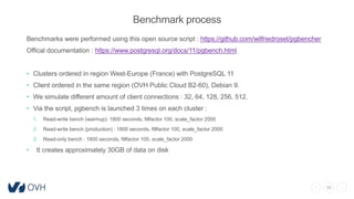 35
Benchmark process
Benchmarks were performed using this open source script : https://github.com/wilfriedroset/pgbencher
Offical documentation : https://www.postgresql.org/docs/11/pgbench.html
• Clusters ordered in region West-Europe (France) with PostgreSQL 11
• Client ordered in the same region (OVH Public Cloud B2-60), Debian 9.
• We simulate different amount of client connections : 32, 64, 128, 256, 512.
• Via the script, pgbench is launched 3 times on each cluster :
1. Read-write bench (warmup): 1800 seconds, fillfactor 100, scale_factor 2000
2. Read-write bench (production) : 1800 seconds, fillfactor 100, scale_factor 2000
3. Read-only bench : 1800 seconds, fillfactor 100, scale_factor 2000
• It creates approximately 30GB of data on disk
 
