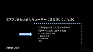 Confidential & Proprietary
アプリを play しているユーザーの
ログデータを元に分析を実施
－Lv. アップ/強化回数
－クエスト回数
－ガチャ回数
　など
①アプリを install したユーザーに課金をしていただく
 