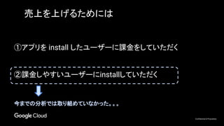 Confidential & Proprietary
売上を上げるためには
①アプリを install したユーザーに課金をしていただく
②課金しやすいユーザーにinstallしていただく
今までの分析では取り組めていなかった。。。
 