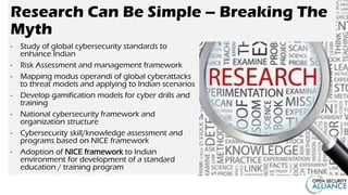 - Study of global cybersecurity standards to
enhance Indian
- Risk Assessment and management framework
- Mapping modus operandi of global cyberattacks
to threat models and applying to Indian scenarios
- Develop gamification models for cyber drills and
training
- National cybersecurity framework and
organization structure
- Cybersecurity skill/knowledge assessment and
programs based on NICE framework
- Adoption of NICE framework to Indian
environment for development of a standard
education / training program
Research Can Be Simple – Breaking The
Myth
 