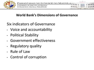World Bank’s Dimensions of Governance
Six indicators of Governance
• Voice and accountability
• Political Stability
• Government effectiveness
• Regulatory quality
• Rule of Law
• Control of corruption
 