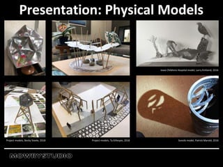 Presentation: Physical Models
Project models, Becky Steele, 2018 Project models, Ty Gillespie, 2018 Sunsilo model, Patrick Marold, 2016
Iowa Childrens Hospital model, Larry Kirkland, 2016
 